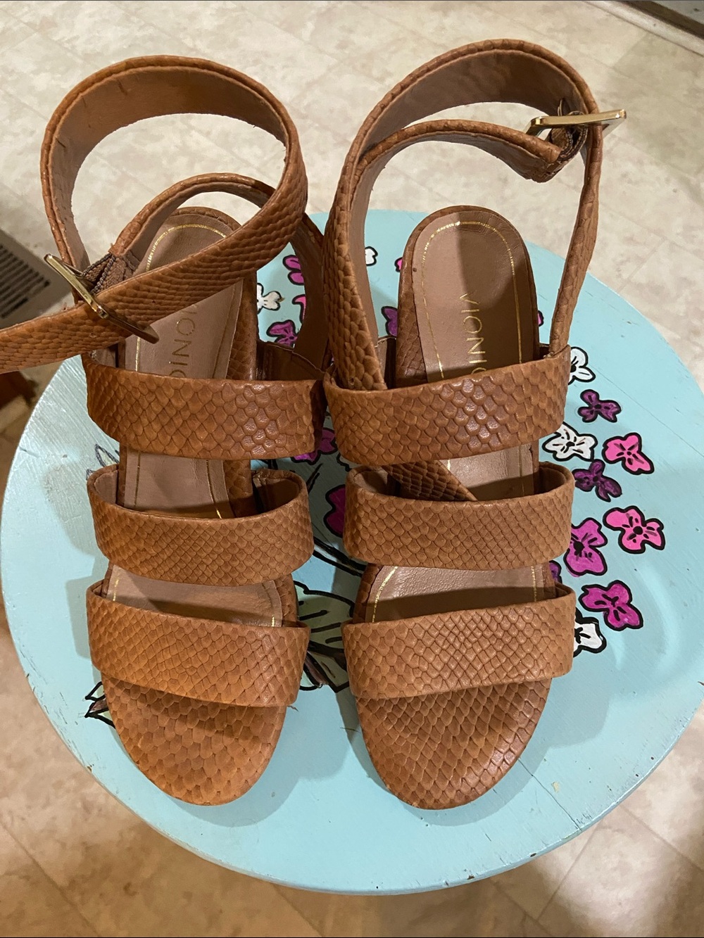 Vionic Brown Snakeskin-Texture Strappy Block Heel Sandals